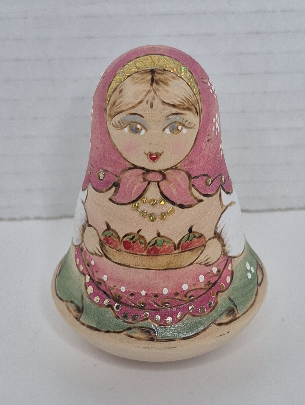 Russian Rolly Polly Handpainted Bell Doll Strawberries in Basket Signed